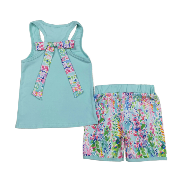 Toddler girls shorts outfit with light blue tank top featuring floral bow and colorful floral shorts