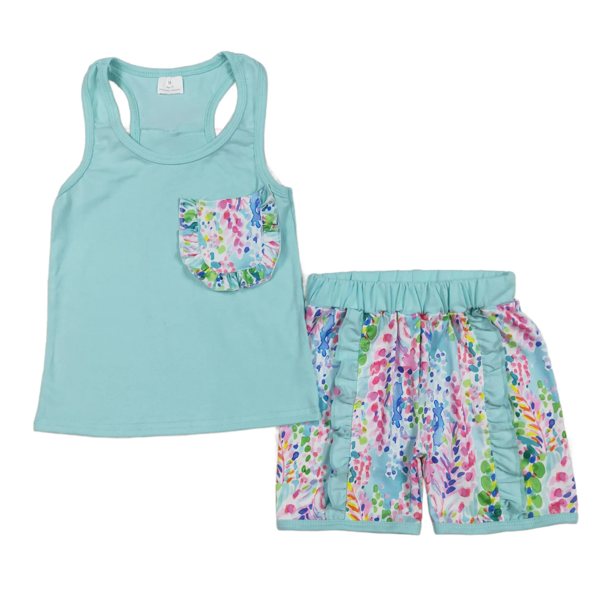 toddler girls light blue tank top with floral pocket and matching floral shorts outfit