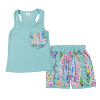 toddler girls light blue tank top with floral pocket and matching floral shorts outfit