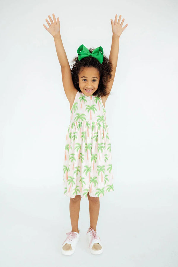 Girls white tank twirl dress for girls with green palm tree print and sleeveless design