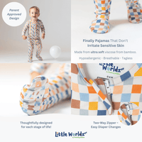 Taurus zodiac bamboo baby zipper footie pajamas with blue and orange checkered pattern and soft footies.