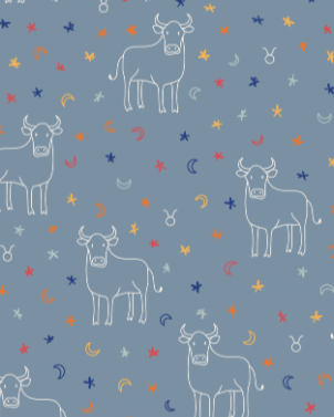 Taurus zodiac pattern featuring white bull outlines, stars, moons, and astrological symbols on a soft blue background.