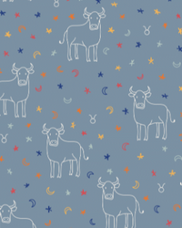 Taurus zodiac pattern featuring white bull outlines, stars, moons, and astrological symbols on a soft blue background.