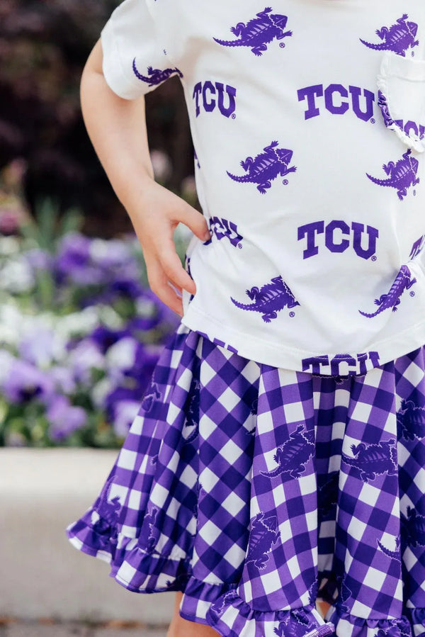 Girls purple and white checkered ruffle twirl skort, TCU girl ruffle skort, toddler size