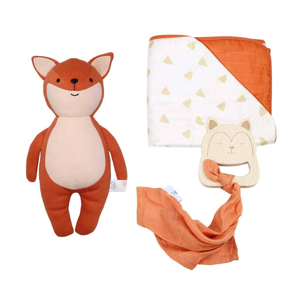 Terracotta fox baby gift set with plush fox toy, patterned blanket, soft teether, and matching cloth for newborns