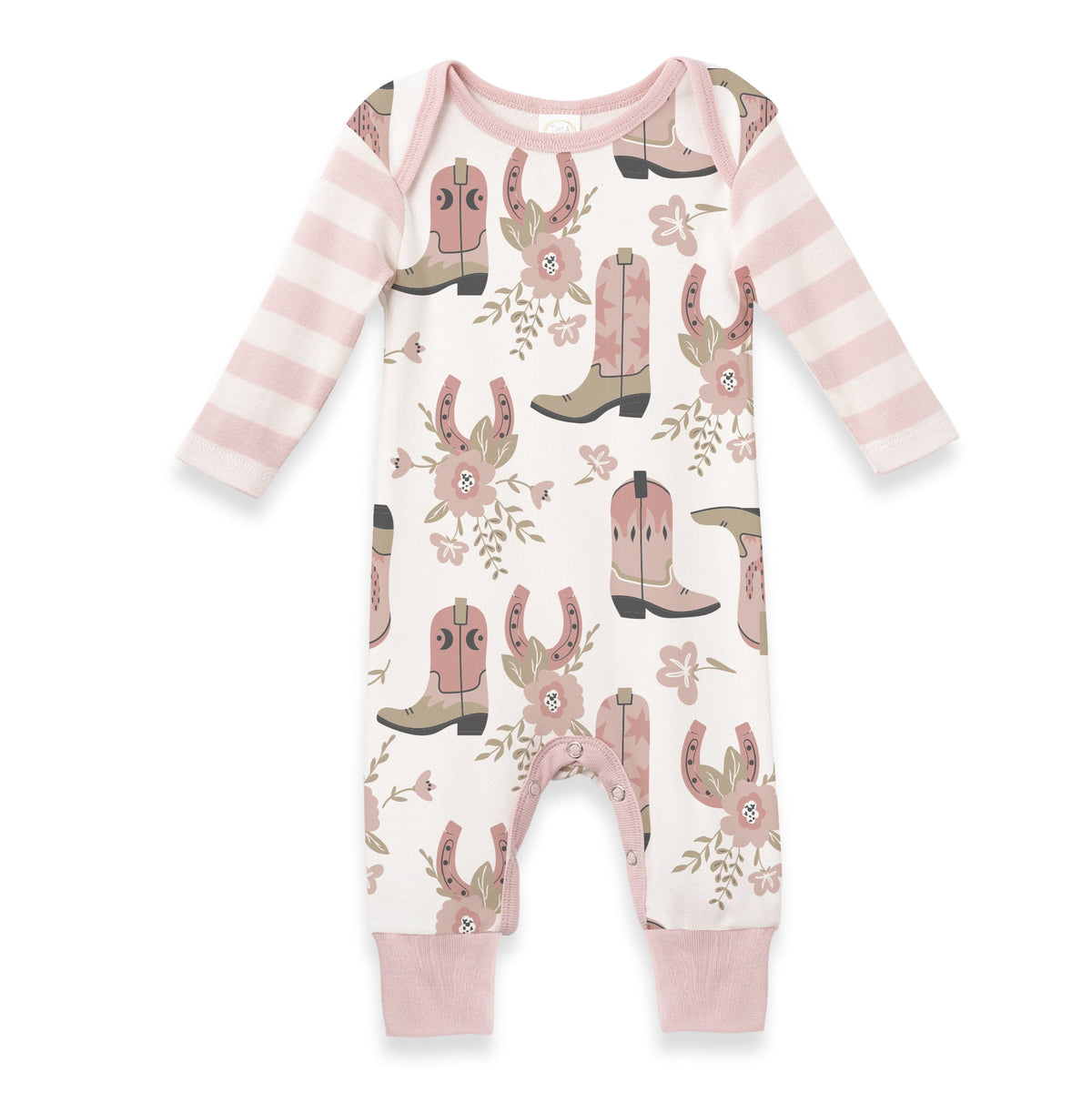 Flat lay of cowgirl baby romper showing pink boots, horseshoes, floral print and snap closures