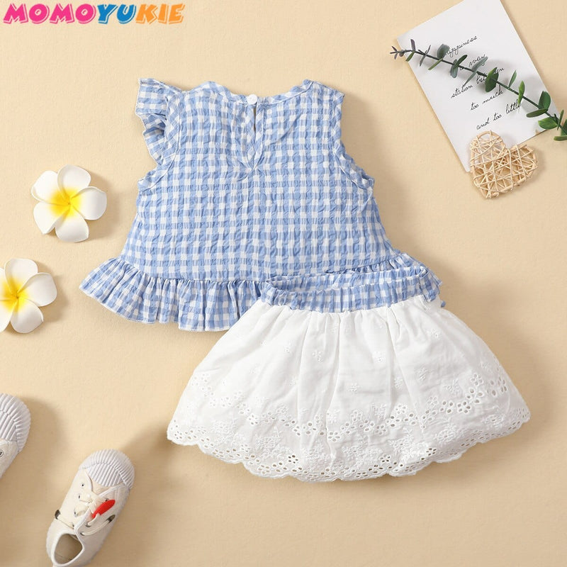 0 2022 Fashion Newborn Toddler Baby Girls Clothes Sets ruffless plaid Sleeveless Romper Tops Bow Skirts lace 2pcs Outfit Set -The Palm Beach Baby