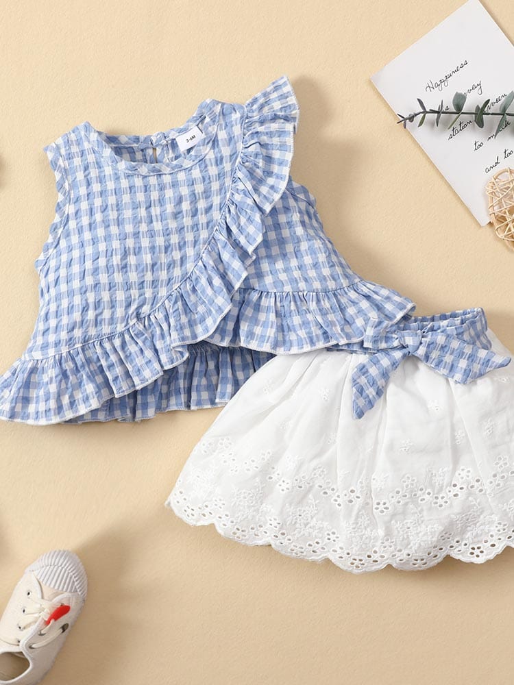 0 blue / 3-6M 2022 Fashion Newborn Toddler Baby Girls Clothes Sets ruffless plaid Sleeveless Romper Tops Bow Skirts lace 2pcs Outfit Set -The Palm Beach Baby
