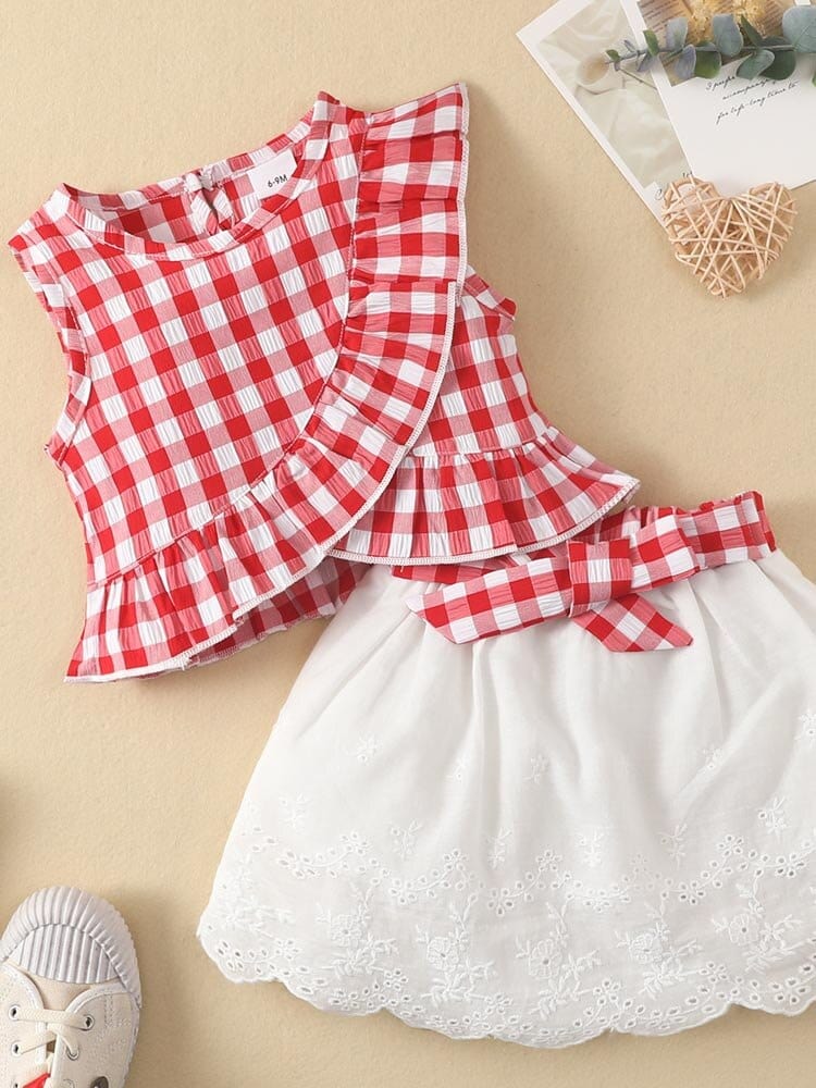 0 red / 3-6M 2022 Fashion Newborn Toddler Baby Girls Clothes Sets ruffless plaid Sleeveless Romper Tops Bow Skirts lace 2pcs Outfit Set -The Palm Beach Baby