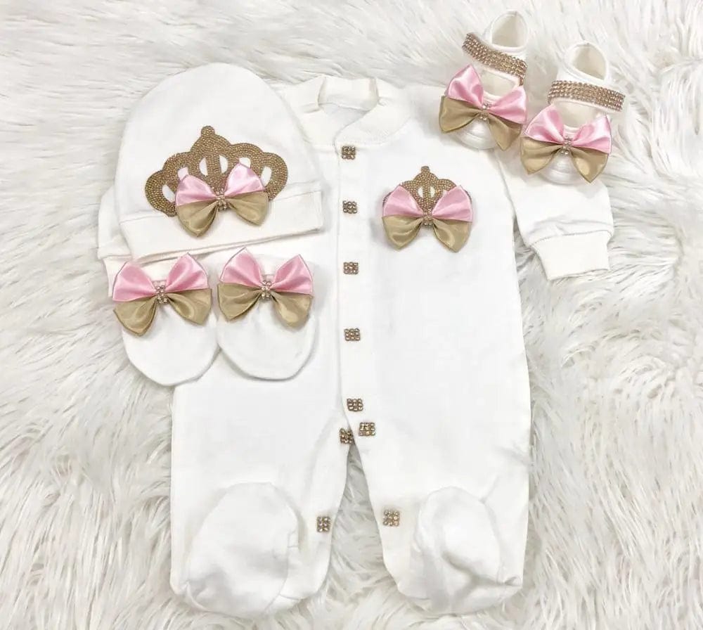 babies and kids Clothing pink gold / newborn size 52 Luxurious HRH Crown Baby's Layette  4 PC Set- Gold And Pink -The Palm Beach Baby