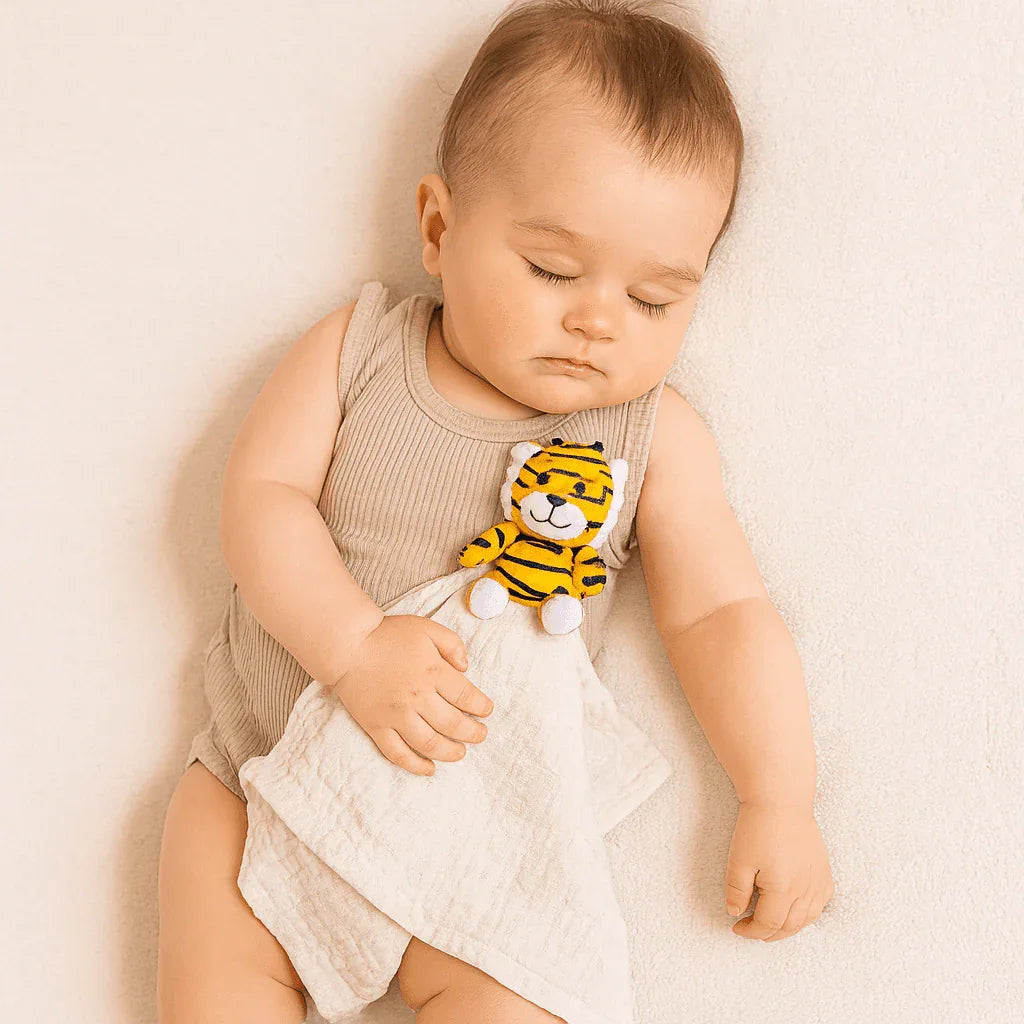 Me Lovey white cotton soothing toy blanket with yellow tiger plush security blanket toy held by sleeping baby