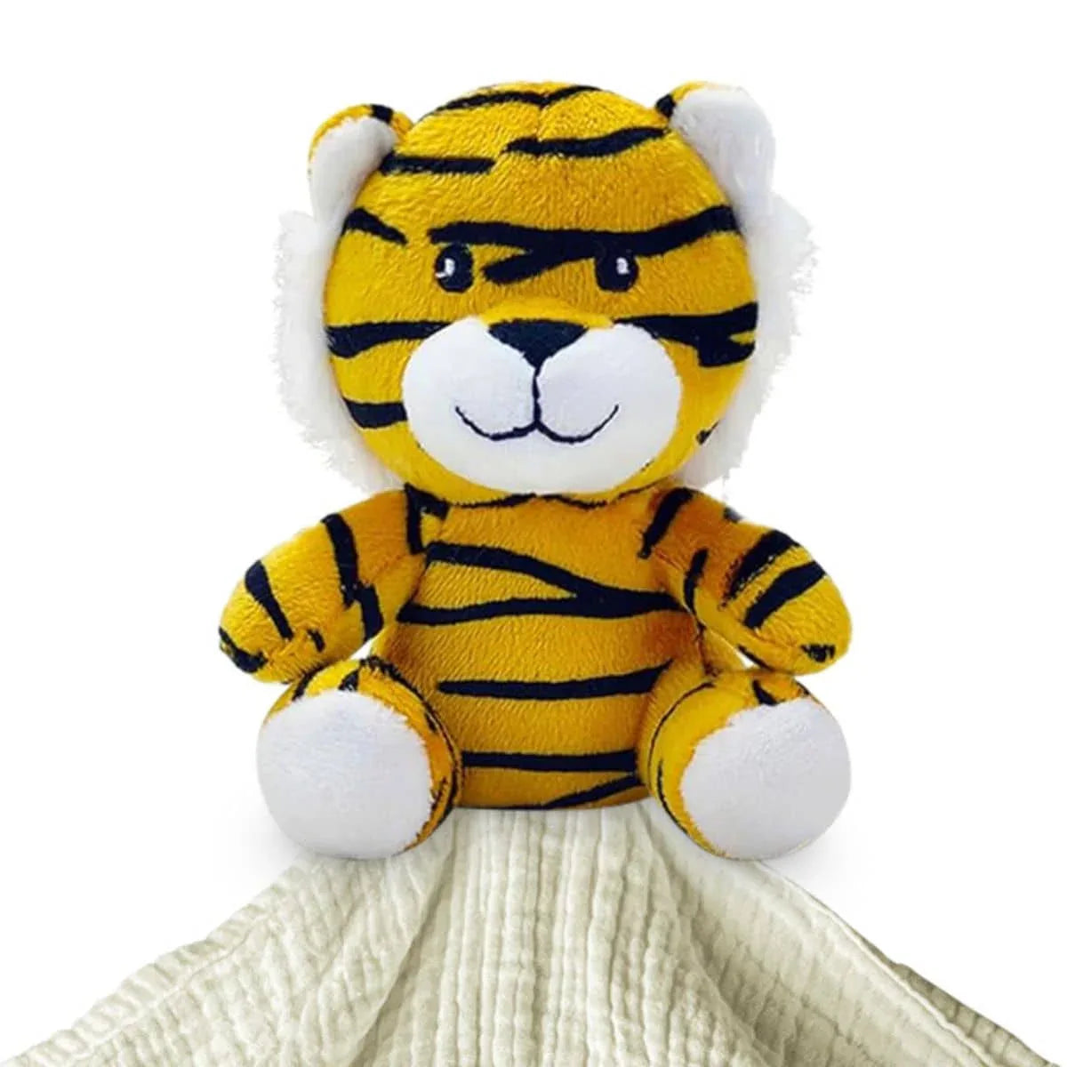 Me Lovey™ yellow and black striped tiger plush security blanket toy with soft white cotton blanket