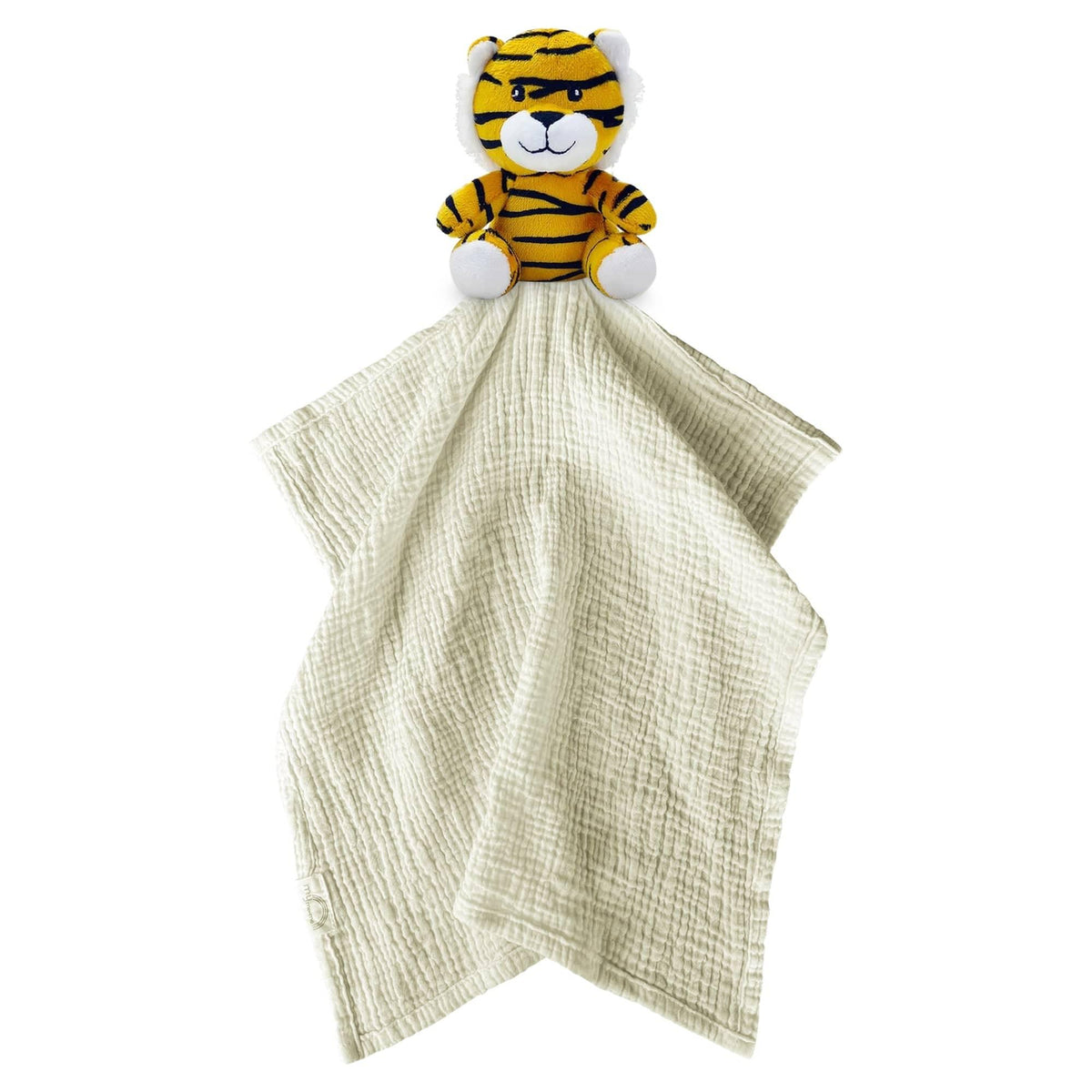 Me Lovey soft beige cotton security blanket toy with a plush yellow and black striped tiger head