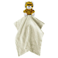 Me Lovey soft beige cotton security blanket toy with a plush yellow and black striped tiger head