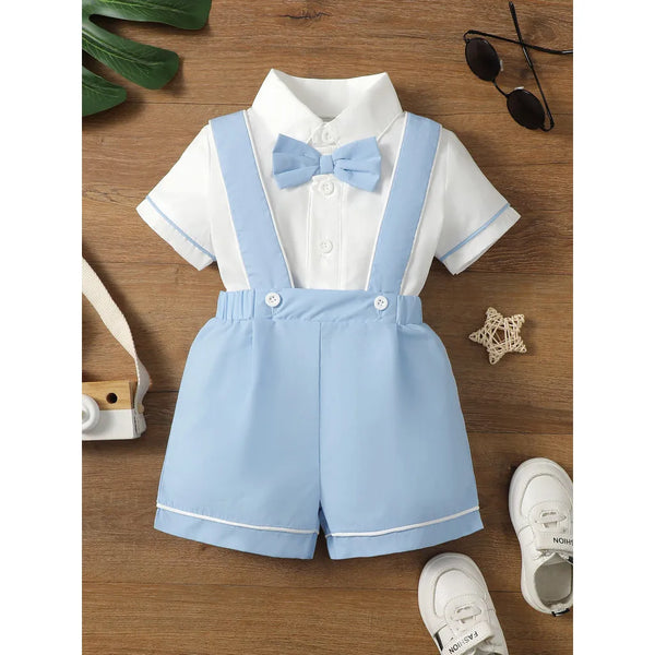 baby boys blue shorts with suspenders and white shirt set featuring a blue tie bow for 6 to 12 months