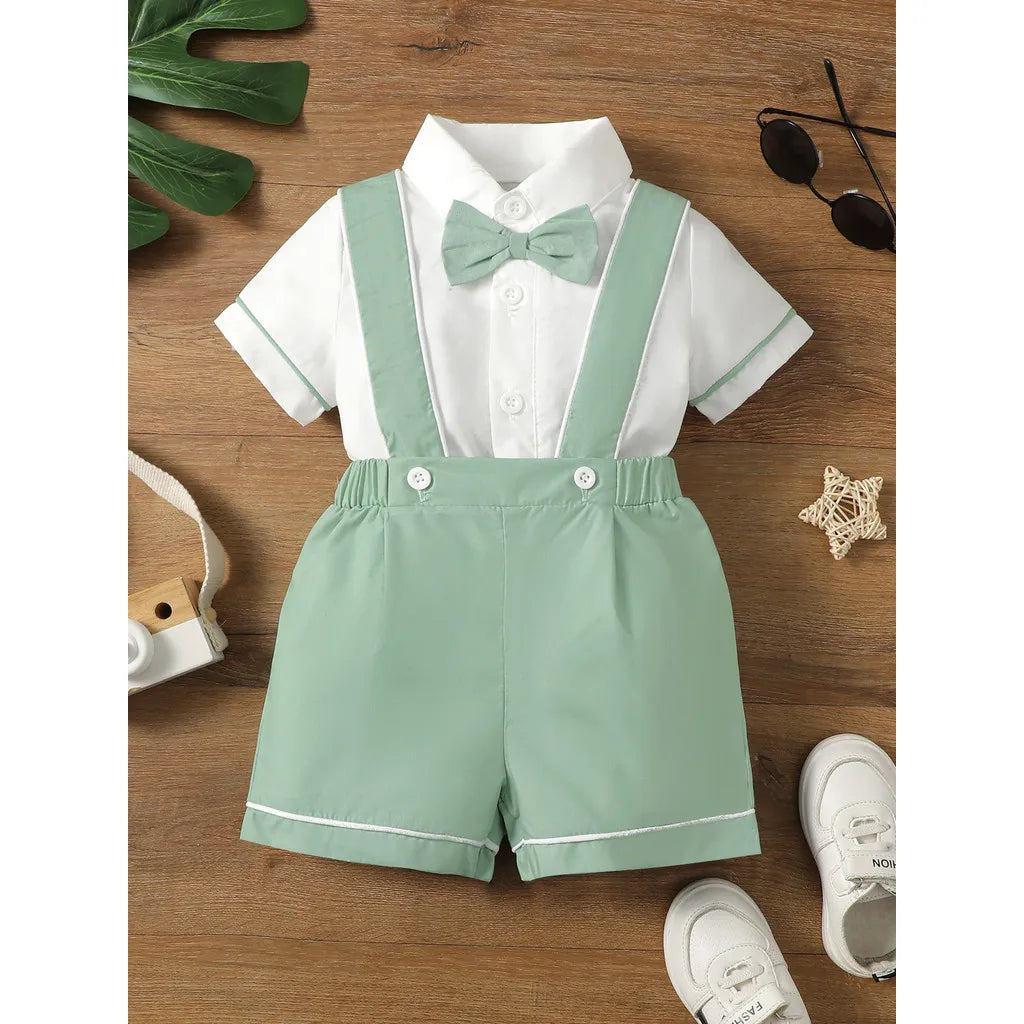 baby boys green suspender shorts with white shirt and matching tie bow for 12-18 months