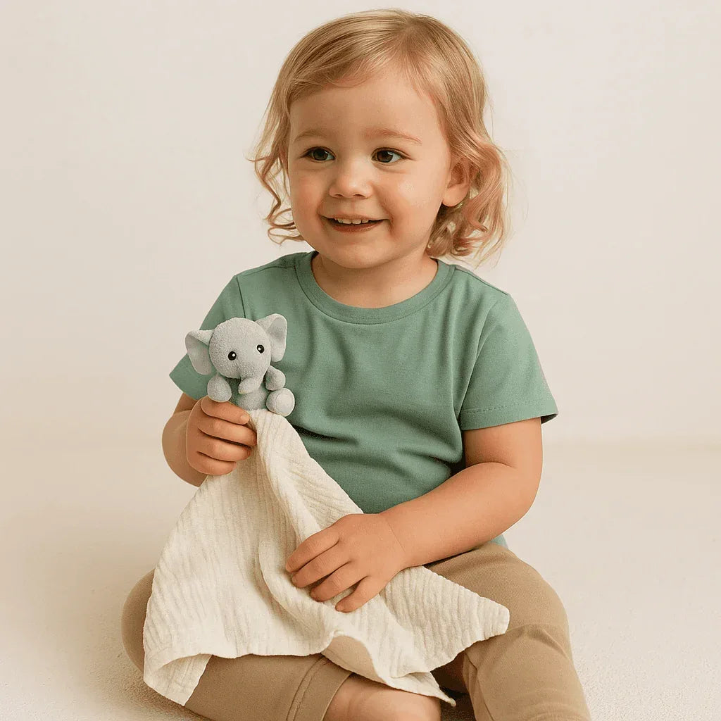Toddler holding a gray plush elephant security blanket toy made of soft cotton fabric