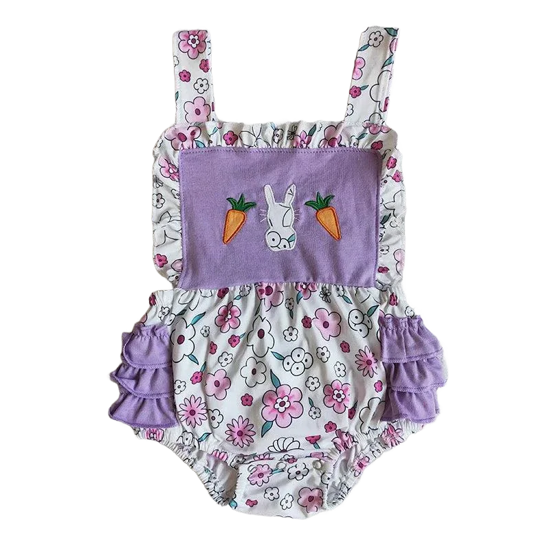 toddler floral romper with purple bunny and carrot applique and ruffled sides
