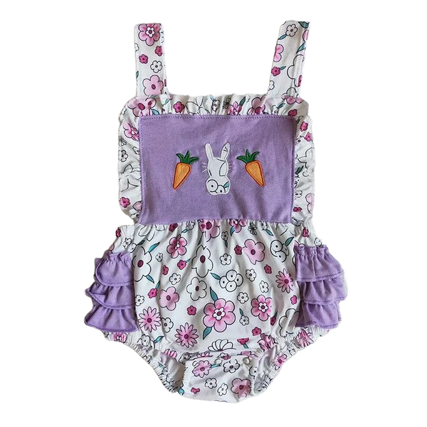 toddler floral romper with purple bunny and carrot applique and ruffled sides