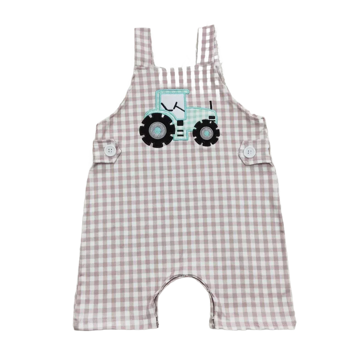Beige and white checkered toddler romper with blue tractor applique for babies and kids