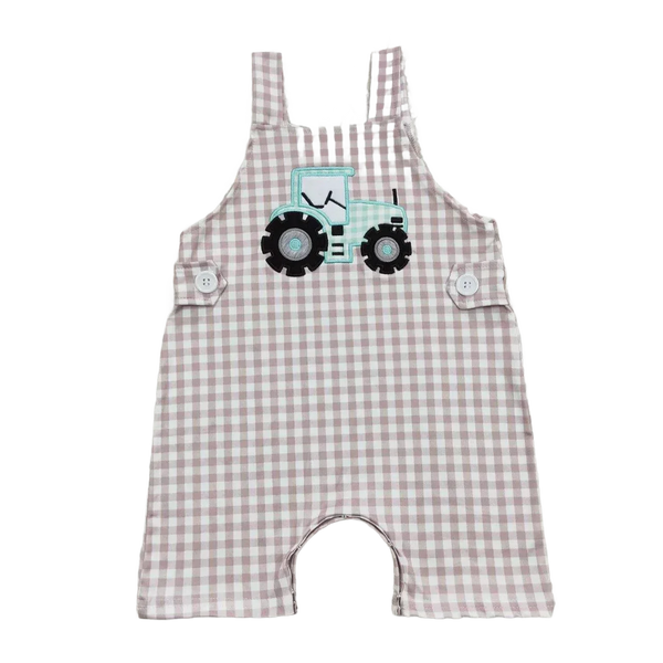 Beige and white checkered toddler romper with blue tractor applique for babies and kids