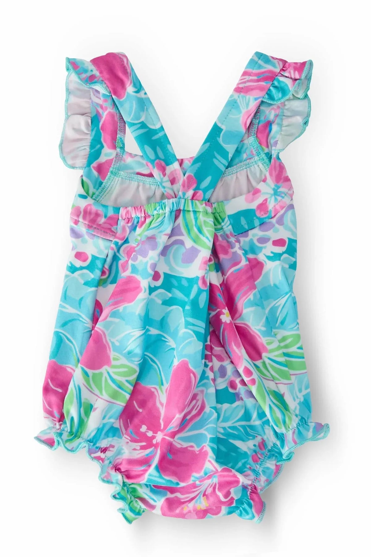Mila & Rose toddler tropical baby romper with ruffle cross back in blue and pink floral print