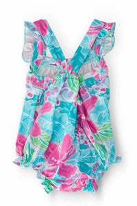 Mila & Rose toddler tropical baby romper with ruffle cross back in blue and pink floral print