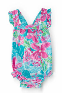 Mila & Rose tropical baby romper with ruffle cross back, bright floral print for infants