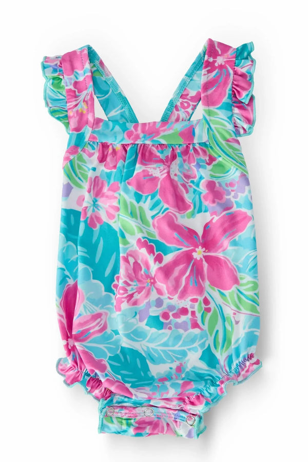 Mila & Rose tropical baby romper with ruffle cross back, bright floral print for infants