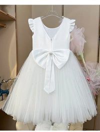 White baby tulle party dress with big bow back and pearl details size 12-18 months