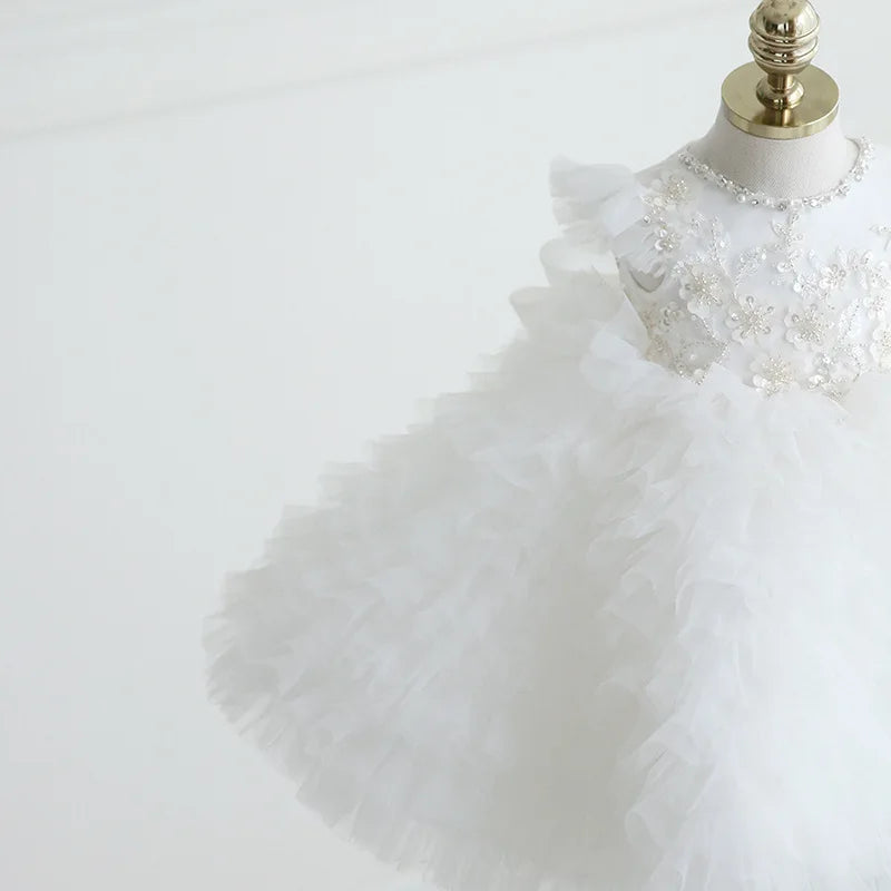 girls white tulle special occasion dress for girls with floral embroidery and ruffled layers
