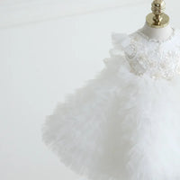 girls white tulle special occasion dress for girls with floral embroidery and ruffled layers
