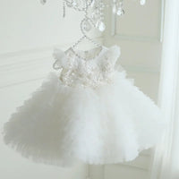 white tulle special occasion dress for girls with floral embroidery and flutter sleeves for toddlers