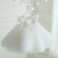 White tulle special occasion dress for girls with floral embroidery and ruffled sleeves