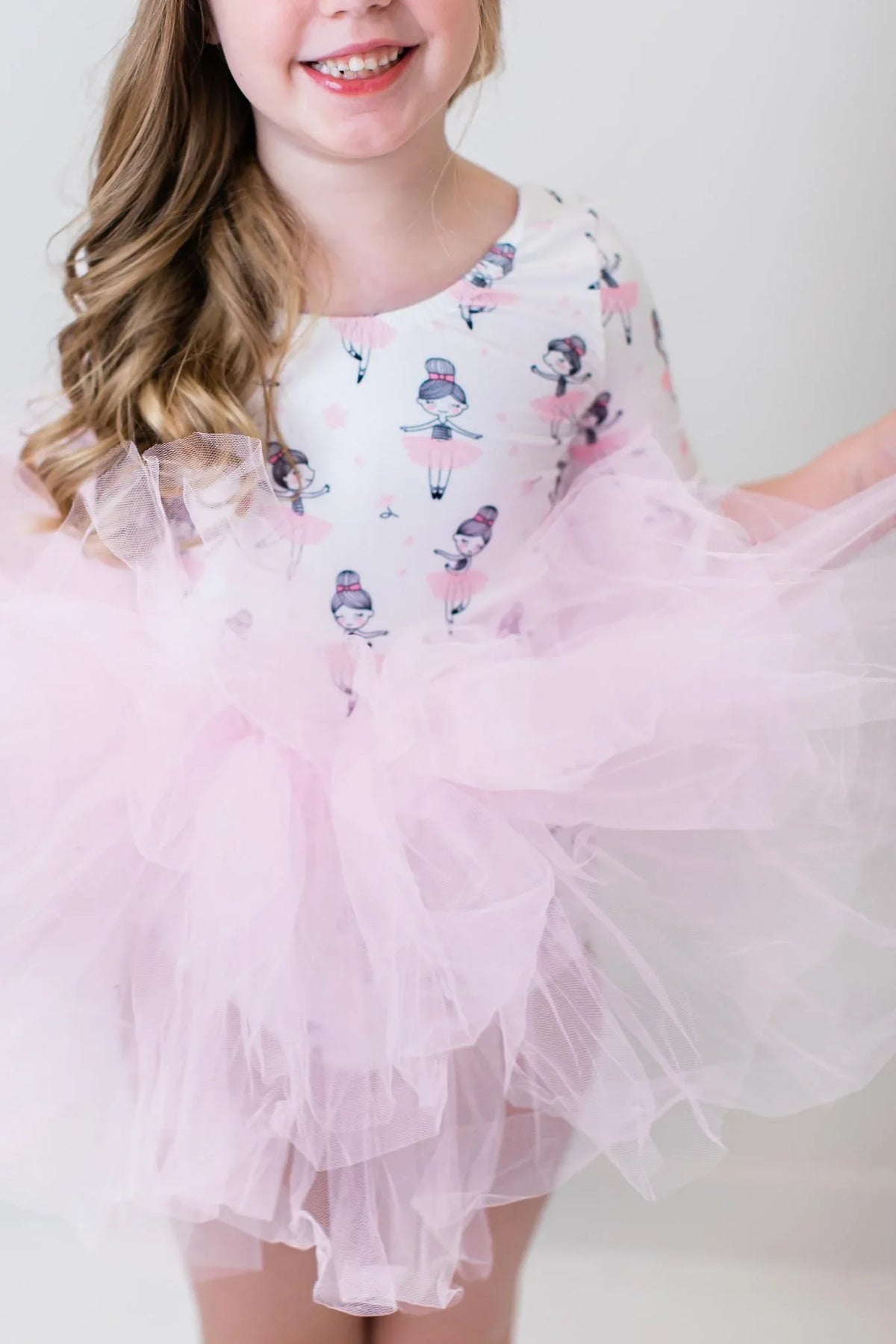 Girls pink tutu leotard for girls with ballerina print and 3 quarter sleeves by Mila and Rose