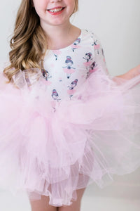 Girls pink tutu leotard for girls with ballerina print and 3 quarter sleeves by Mila and Rose