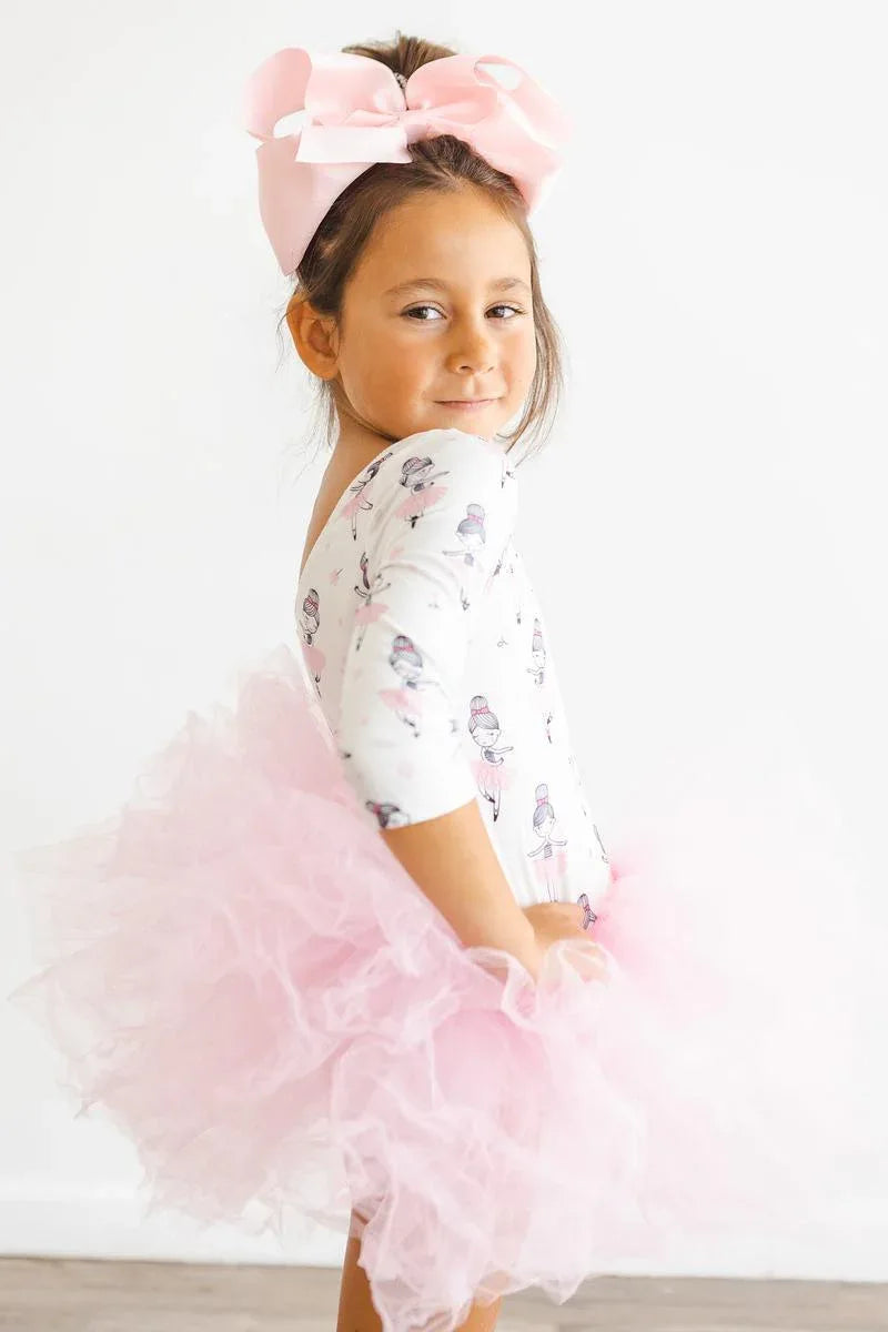 Mila & Rose tutu leotard for girls with 3/4 sleeves, white with ballet print and fluffy pink tutu skirt