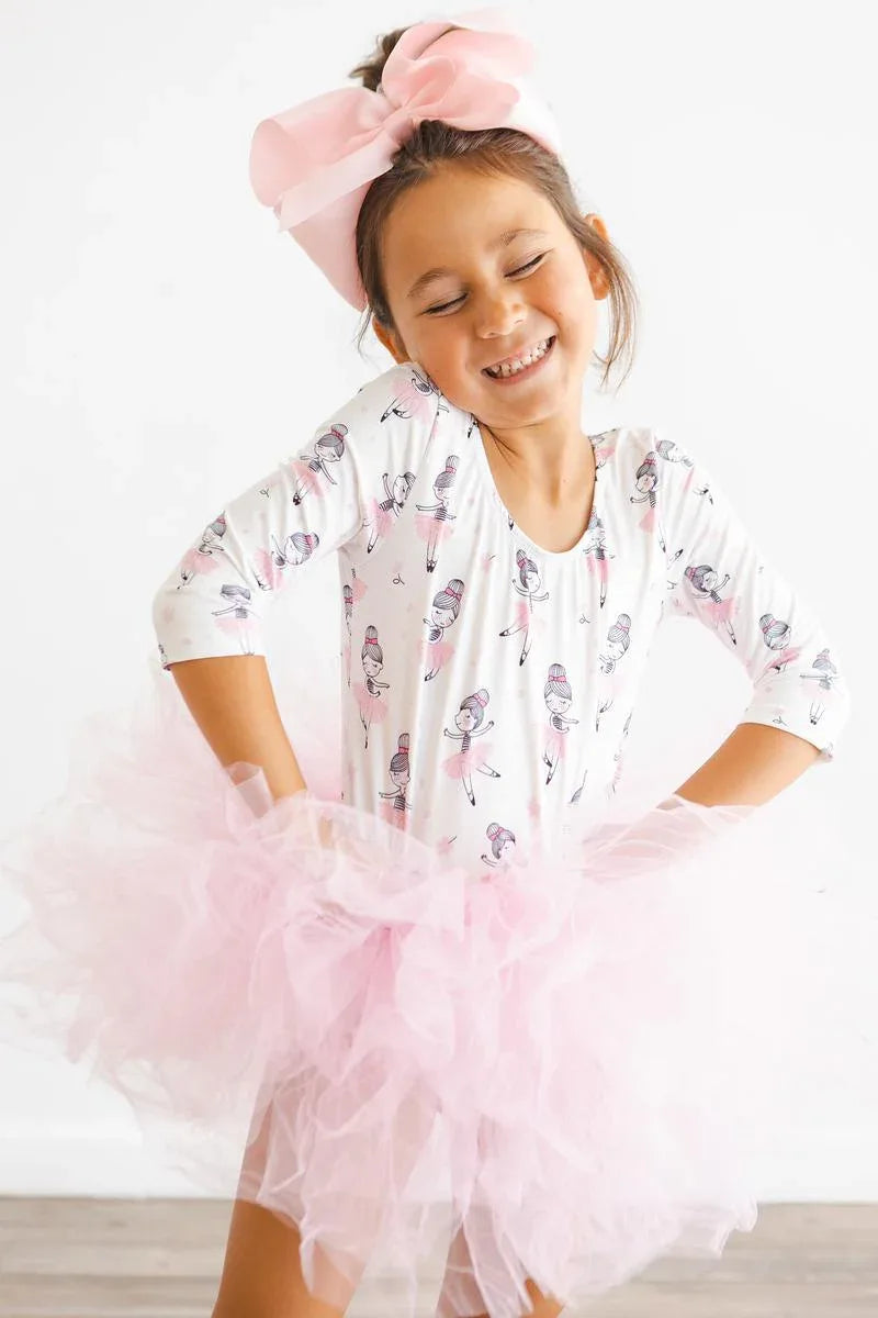 Girls pink tutu leotard for girls with 3/4 sleeves and ballerina print by Mila & Rose