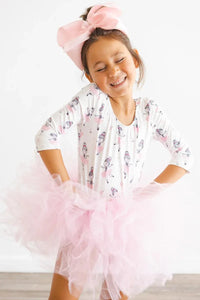 Girls pink tutu leotard for girls with 3/4 sleeves and ballerina print by Mila & Rose