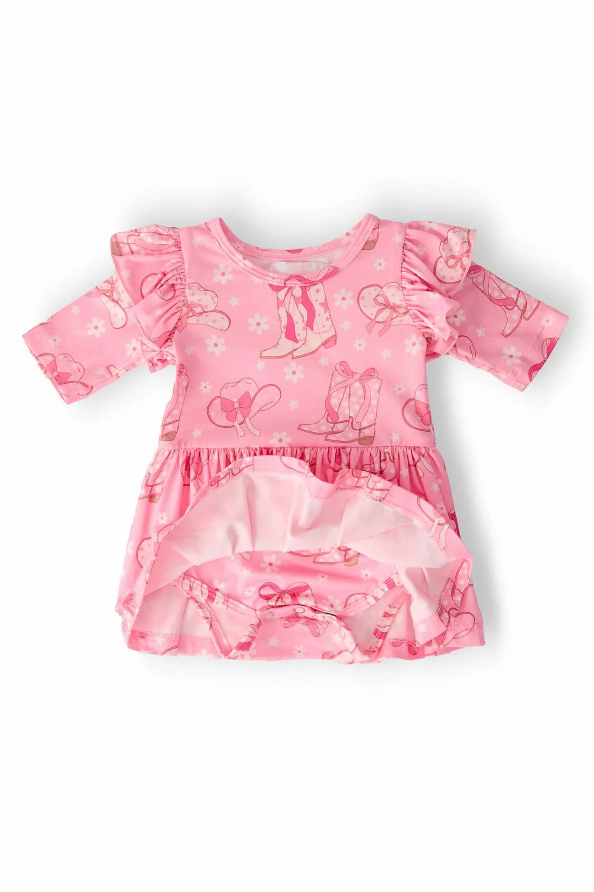 pink baby twirl bodysuit with 3/4 flutter sleeves featuring dance shoe patterns for infant girls