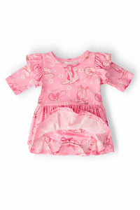 pink baby twirl bodysuit with 3/4 flutter sleeves featuring dance shoe patterns for infant girls