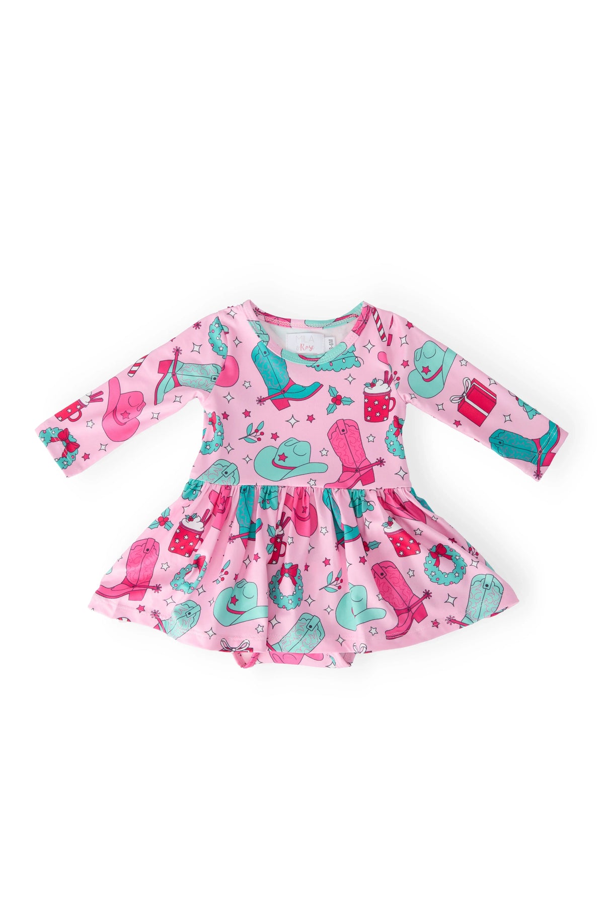 girls pink twirl bodysuit with long sleeves and colorful playful print size newborn to 24 months