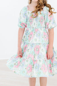 Girls pastel floral smocked ruffle twirl dress for girls with puff sleeves and tiered skirt