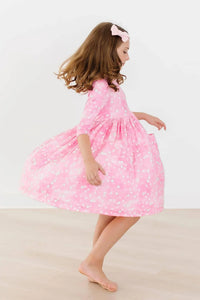 Girls pink polka dot twirl dress with 3/4 sleeves and pocket by Mila & Rose