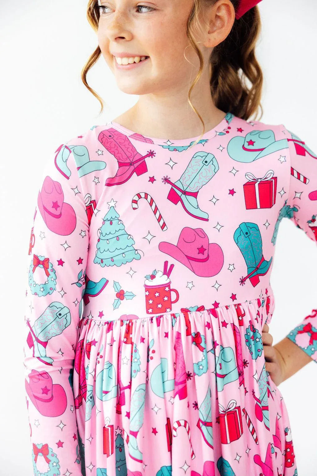 Girls pink long sleeve twirl dress with cowboy and holiday print for kids