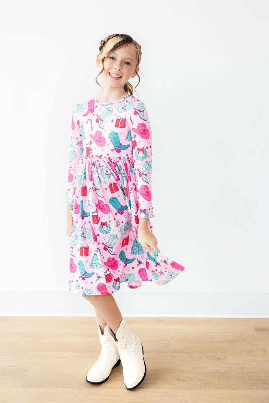Girls pink long sleeve twirl dress with pockets and colorful print, size for kids