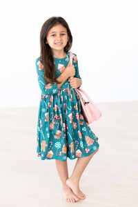 Girls teal twirl dress 3/4 sleeve with holiday cookie print by Mila & Rose
