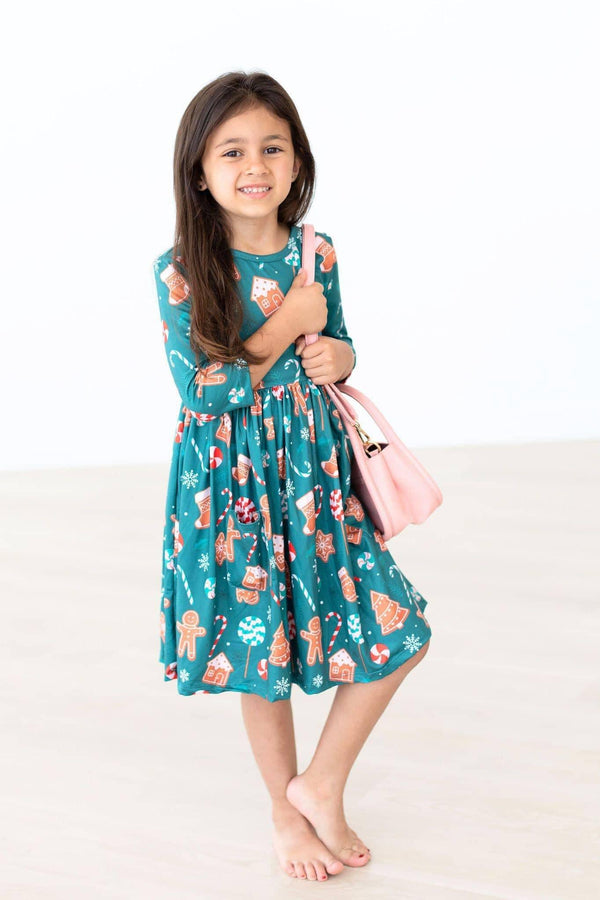 Girls teal twirl dress 3/4 sleeve with holiday cookie print by Mila & Rose