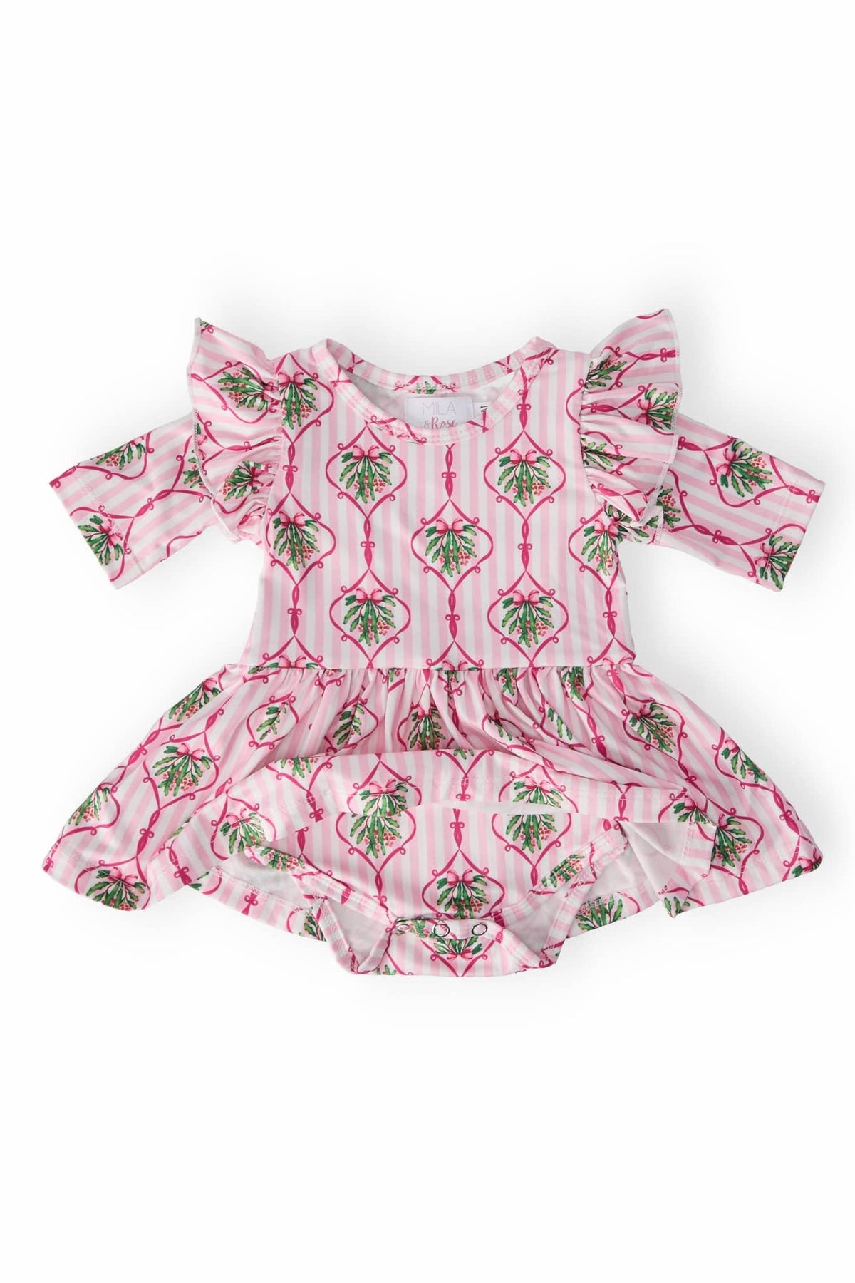 baby pink twirl flutter bodysuit with green leaf print and flutter sleeves