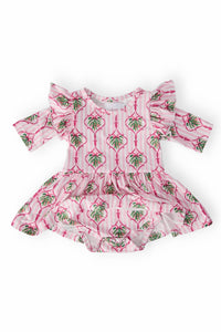 baby pink twirl flutter bodysuit with green leaf print and flutter sleeves